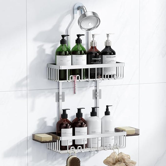 Shower Caddy Hanging, Never Rust Shower Organizer Hanging, Aluminum Shower Racks for Inside Shower with Hooks for Razor, Bathroom Organizers and Storage with Soap Holder, Bright Silver