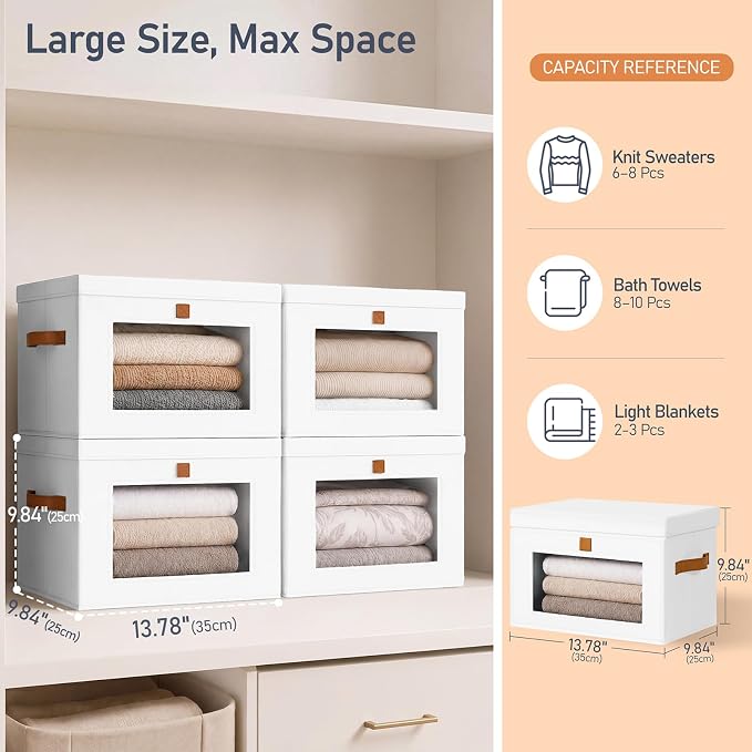 DIMJ Storage Bins with Lids - 5 Pack Large Fabric Closet Organizer with Window & Handles, Collapsible Decorative Storage Boxes for Shelves Under Bed, Books Clothes Blankets Sweaters Organization