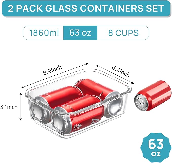 Vtopmart Large Glass Storage Containers, Green, 2Pack, 1860ml/63oz | Meal Prep Food Container Set with Snap Airtight Lid, For Baking, Microwave, Oven, Leak Proof, Freezer, Dishwasher, BPA Free