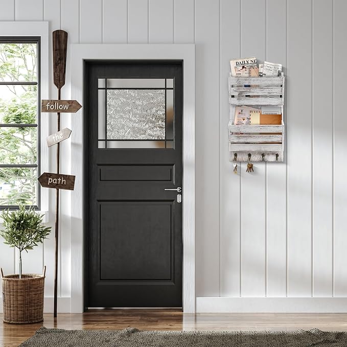 Mail Organizer Wall Mount with 4 Key Hooks, Rustic Wooden Hanging Mail Sorter Farmhouse Key Holder for Wall Decoration, 2-Slot Wall File and Magazines Bill Letter Holder