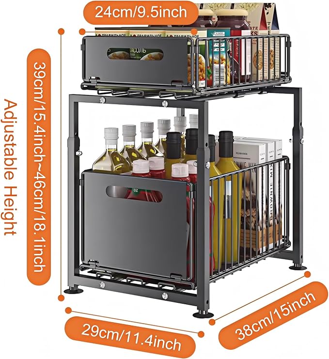 Under Sink Organizer, 2-Tier Multi-Use Kitchen and Bathroom Organizers and Storage, Slide Out Thickened Metal Under The Sink Organizer for Kitchen Bathroom Pantry (Style A Black, 2 Pack)
