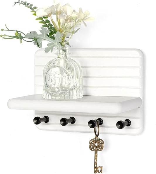 Rebee Vision Key Holder Wall Mount with 4 Hooks Shelf for Entryway, White | 7-Inch, Stylish Key Holder for Wall, Mini Floating Shelf, Compact Storage, Plant Display, Bedroom Decor, Apartment Essential