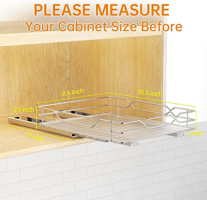 Pull Out Spice Rack Organizer for Cabinet, Chrome, 8.5"W x 10.5"D x 2.5"H | Slide Out Design, No Drill Asembly, Fits Spices, Bottles & Jars, Ideal For Narrow Kitchen Cabinets & Pantry