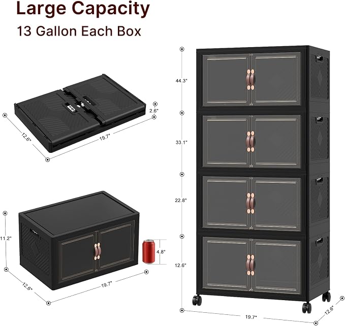 UAMFURI Stackable Storage Bins with Lids, 192QT Lockable Storage Cabinet | Folding Storage Box with Doors and Wheels, Collapsible Plastic Drawers for Home, Garage, Office
