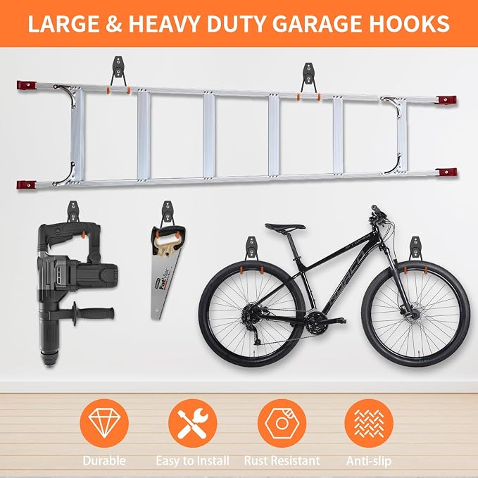 ENUODA Large Garage Hooks Heavy Duty - Ladder Hanger Garage Wall Storage Hooks for Hanging Garden Tools, Power Tools, Bike, Extension Cord, Hose, Chair, Bulk Items, 6 Pack (5.1 Inch)