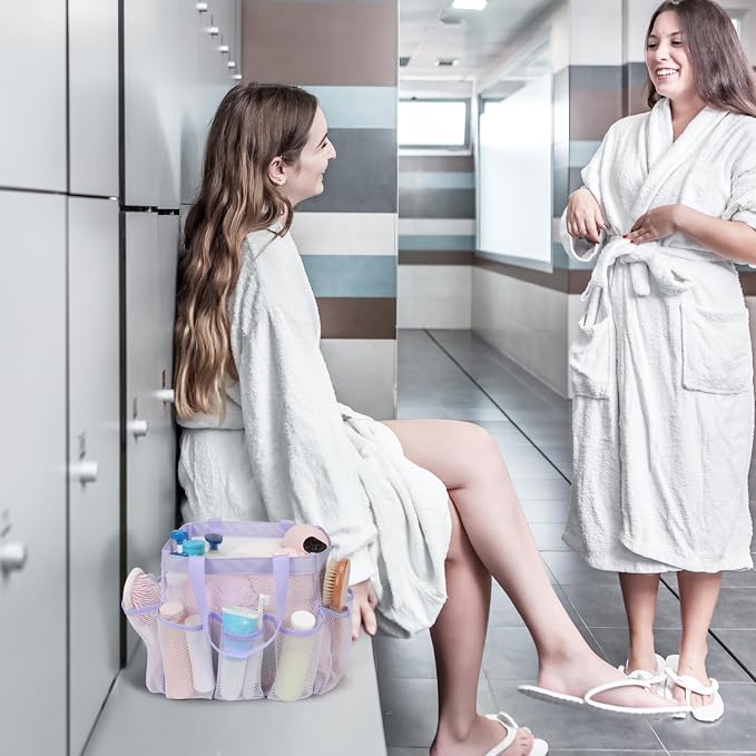 Mesh Shower Caddy Portable - 8 Pockets, S-Hook, Shower Bag for Dorm Camping | 2-Handle, Quick-Dry, Hanging Toiletry Organizer, College Dorm Room Essentials for Girls, Gym, Travel & Bathroom, Purple