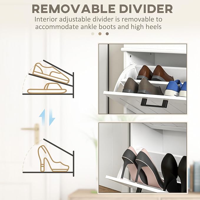 HOMCOM Narrow Shoe Cabinet with 2 Flip Drawers, Modern, for Entryway, White | Freestanding Small Shoe Storage Cabinet, Adjustable Shelves, Hallway
