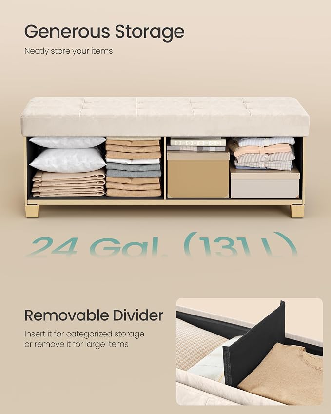 SONGMICS Storage Ottoman Bench, PU Leather Foldable Footrest with Padded Seat, 43.3 x 15 x 15.7 inches, Light Warm White, Sturdy Space Saving Chest for Bedroom, Minota Collection ULSF524WD01