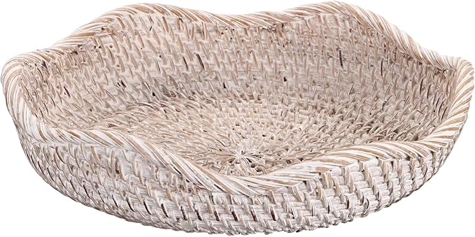 Hipiwe Decorative Key Tray Rattan Storage Bowl Food Serving Basket for Fruit Bread Candy Handwoven Basket Tray for Entryway Table Kitchen, Whitewash 8.5 Inch