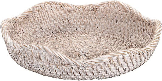 Hipiwe Decorative Key Tray Rattan Storage Bowl Food Serving Basket for Fruit Bread Candy Handwoven Basket Tray for Entryway Table Kitchen, Whitewash 8.5 Inch