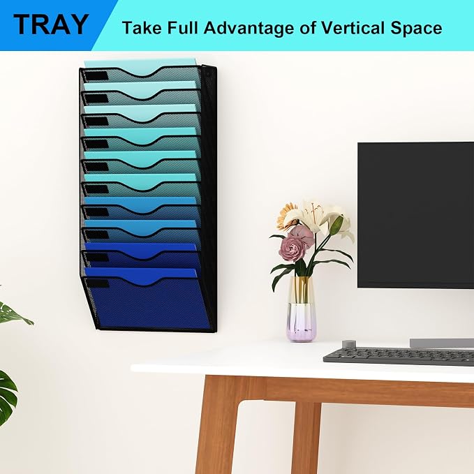 10 Pockets Hanging Wall File Organizer Mail Holder, Wall Mounted Paper Document Folder Holder, Clipboard Storage Organization Magazine Rack, Black