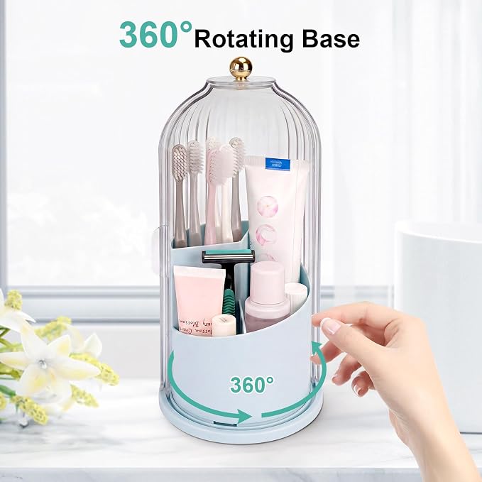 QIYVLOS Toothbrush Holders with Sliding Lid, Rotating 3 Slots Bathroom Organizer Countertop, Tooth Brush Toothpaste Holder Bathroom Counter Stand Sink Organizer Caddy for Makeup Brushes Holder (Blue)
