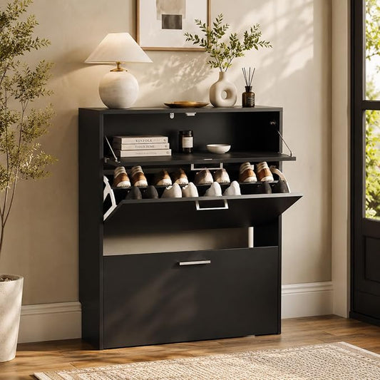 VINGLI Black Shoe Cabinet for Entryway, Modern Slim Shoe Rack Storage with 3 Flip Drawers, Narrow Free Standing Sneaker Organizer for Hallway, 9.5" Depth, Matte Black Finish