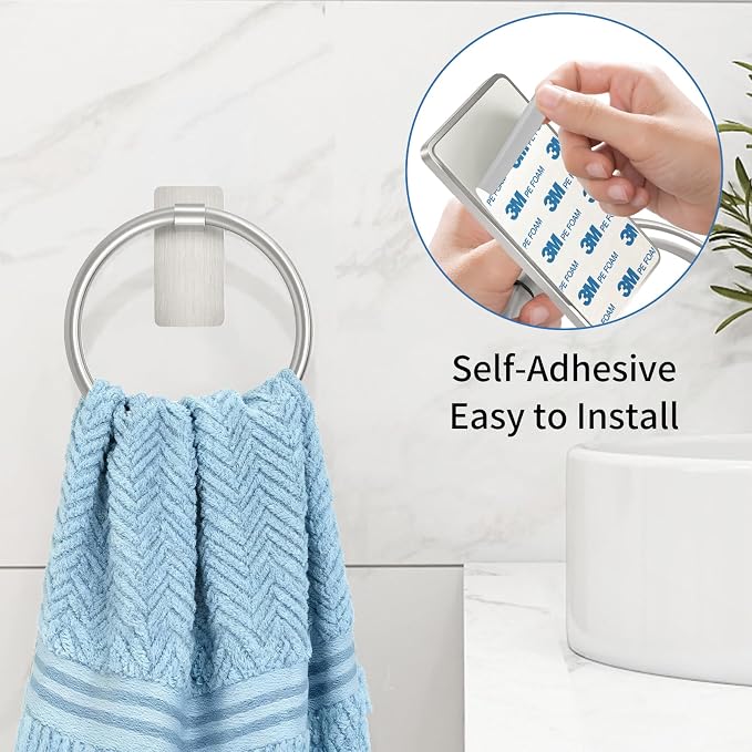 STWWO Brushed Nickel Towel Ring, Hand Towel Holder for Bathroom, 2 Pack | Self Adhesive Hand Towel Rings for Bath RV Kitchen, No Drill Hole, Silver