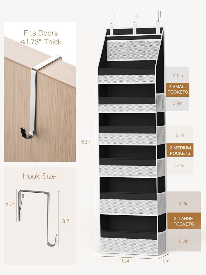 Criusia 2 Pack Over the Door Organizer, Heavy-Duty 6-Shelf Hanging Storage with 13 Mesh Pockets, 55lbs Capacity Behind the Door Storage for Nursery, Bathroom, Bedroom, and Dorm, Black