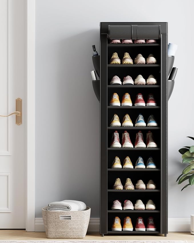 Kitsure 10-Tier Shoe Rack with Cover, Vertical Shelf, 17.5" Wide, Black | Space Saving Shoe Storage with Side Pocket, Shoe Organizer for Closet, Entryway, Bedroom, Zapateras Organizer