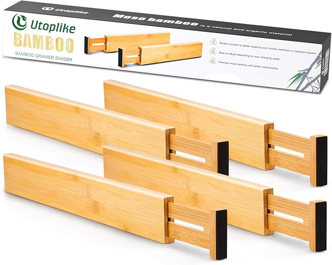 Utoplike 4 Pcs Bamboo Kitchen Drawer Dividers, Large Drawers Organizers | Adjustable Spring Loaded Expandable Organization, Works in Dresser, Bathroom, Bedroom, Office, Fit 17.8"-20.6" Drawer, 2.4"H