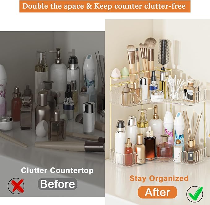 Webetop Corner Makeup Organizer 2 Tier Bathroom Storage with Brush Holder | Space-saving Corner Fit, Clear Acrylic Construction, Detachable Brush Slots, Non-Slip Base, Easy-access Tiered Design