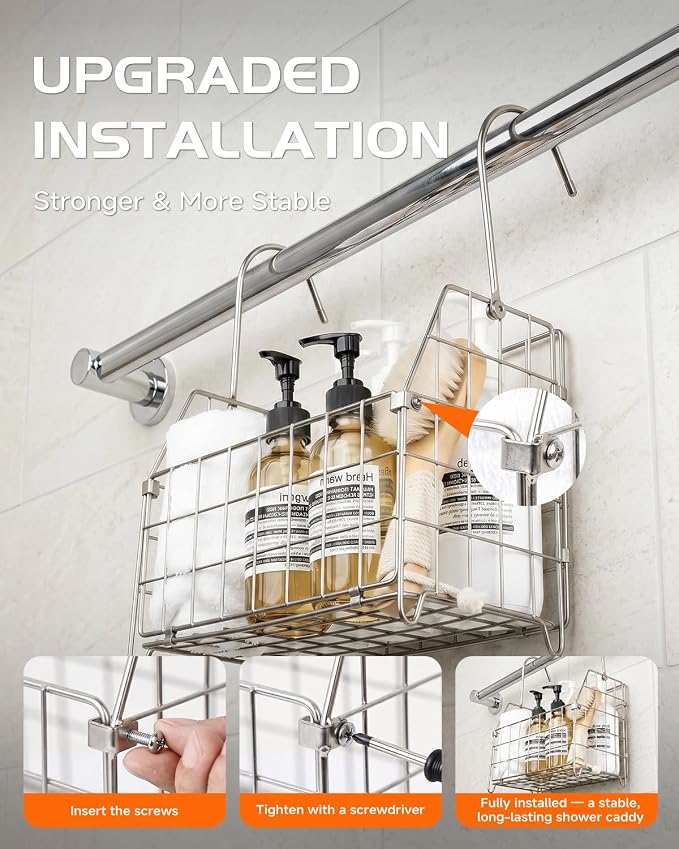 Large Rustproof Shower Caddy Hanging, 304 Stainless Steel Hanging Shower Organizer Basket for Bathroom & Bathtub, Over the Rod Shower Rack for Shampoo, Conditioner, Soap & Bath Accessories(Silver)
