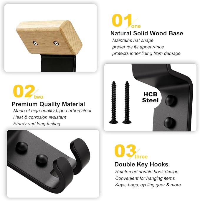 Motorcycle Helmet Holder Wall Mount - Heavy Duty Helmet Hanger Rack with 2 Key Hooks, Solid Wood & Strong Steel Design for Bike, Football, Skiing Sports Gear, Jackets & Hats (Yellow*1)