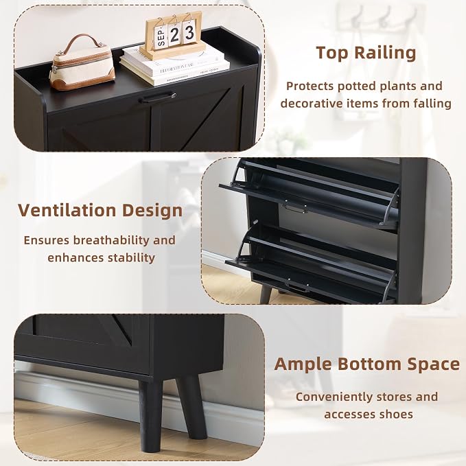LEYAOYAO Shoe Cabinet Storage for Entryway with 2 Flip Drawers Rack Narrow Organizer Slim Hidden Wood Shoe Cabinet Furniture Black