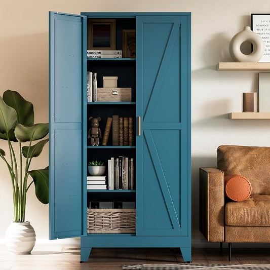 COFaR Home Farmhouse Storage Cabinet with Barn Door, Tall Kitchen Pantry Cupboard with Adjustable Shelves, for Dining Room, Bathroom, Living Room Blue.