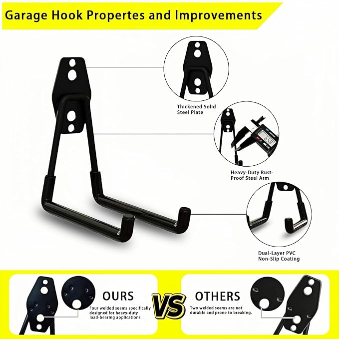 6 Pack Garage Hooks Heavy Duty with Anti-Slip Coating, Steel Utility Ladder Hooks for Hanging Garden Tools, Hoses, Ropes, Bikes and More (5.3in)