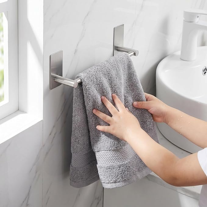 Adhesive Towel Bar 9-inch, Stick On Bath Towel Rack, Hand Towel Holders, No Drilling on Wall - Brushed Nickle