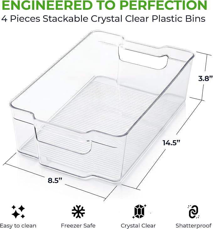 Zulay 4 Pack Clear Refrigerator Organizer Bins - XL Fridge Organizers and Storage Clear - Ideal Freezer Organizer Bins, Refrigerator Storage Containers, Kitchen Cabinets, Pantry Organization