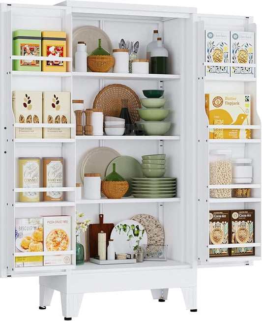 48" H Metal Kitchen Pantry Storage Cabinet, Freestanding Cupboard Storage Cabinet with Doors and Adjustable Shelves, Large Stand Up Food Cupboard for Living Room, Dinning Room（White）