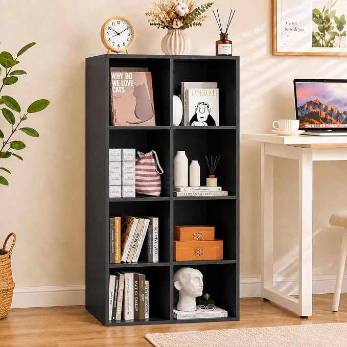 POWERSTONE 8 Cube Storage Organizer, Open Cube Bookshelf with Back Panels, Modern Display Cubby Bookcase for Bedroom Living Room Home Office, Black