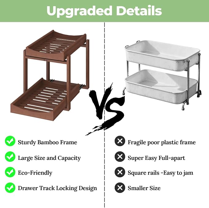 MHXW SXPN Bamboo Under Sink Organizer, 2 Pack Pull Out Cabinet Organizer | 2 Tier Vertical Smooth Slide Out Undersink Storage Shelf | Multi-Purpose Organizer Shelves for Kitchen Bathroom Medicine
