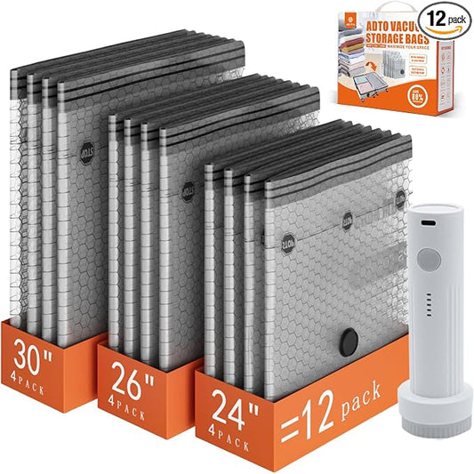 12 Pack Travel Vacuum Seal Bags for Clothing with Cordless Electric Pump, Space Saver Vacuum Storage Bag for Clothes, Carry-on Compression Packing Bag for Luggage Suitcase, Cruise Vacation Essentials