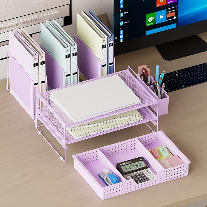 LEKETREE Desk Organizer, Office Organization with Vertical File Holder, File Organizer with Drawer and Pen Holder, Desk Accessories and Workspace Organizers for Home Office (Purple)