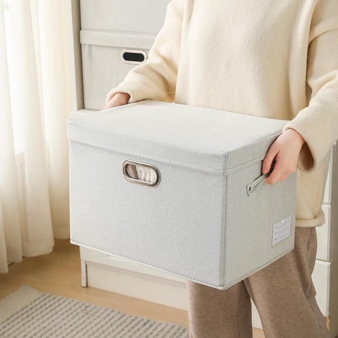 PRANDOM Large Collapsible Storage Bin with Lid [1-Pack] Fabric Foldable Storage Box Organizer Container Basket Cube with Cover for Home Bedroom Closet Office Beige (17.3x11.8x11.8)