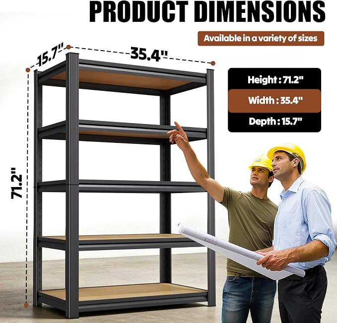 71.2''H Storage Shelves, 2500lbs Garage Shelving,Adjustable Heavy Duty Shelving Unit,5T Tall Garage Shelves，Wood Metal Standing Shelf Units,Utility Rack For Kitchen 71.2''H*35.4''W*15.7''D 2-Pack