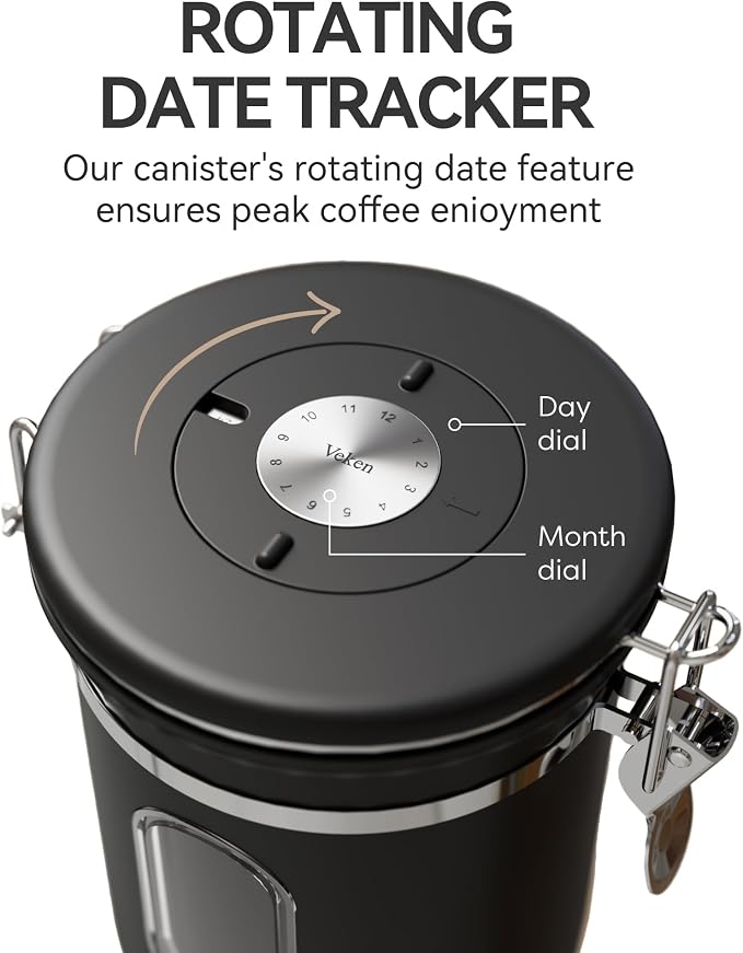Veken Coffee Canister with Window, Airtight Stainless Steel Container, 16OZ | Kitchen Food Storage Pantry Organizers for Beans,Ground,Espresso,Rice,Tea,Sugar,Bar Accessories,Gifts,Lids,Jars, Scoop, Black