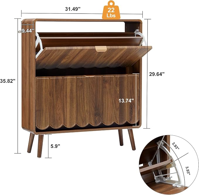 Shoe Storage Cabinet for Entryway with 2 Flip Drawers, Freestanding Narrow Wood Shoe Cabinet with Wave Panel, Hidden Shoe Organizer for Foyer, Hallway (Walnut)