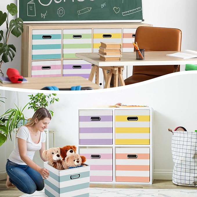 CroBlissful 11 Inch 6 Pack Fabric Storage Cubes with Metal Handles, Back to School Collapsible Organizer Bins for Classroom, Closet, Student Room, Toys and School Supplies (Macaron Color)