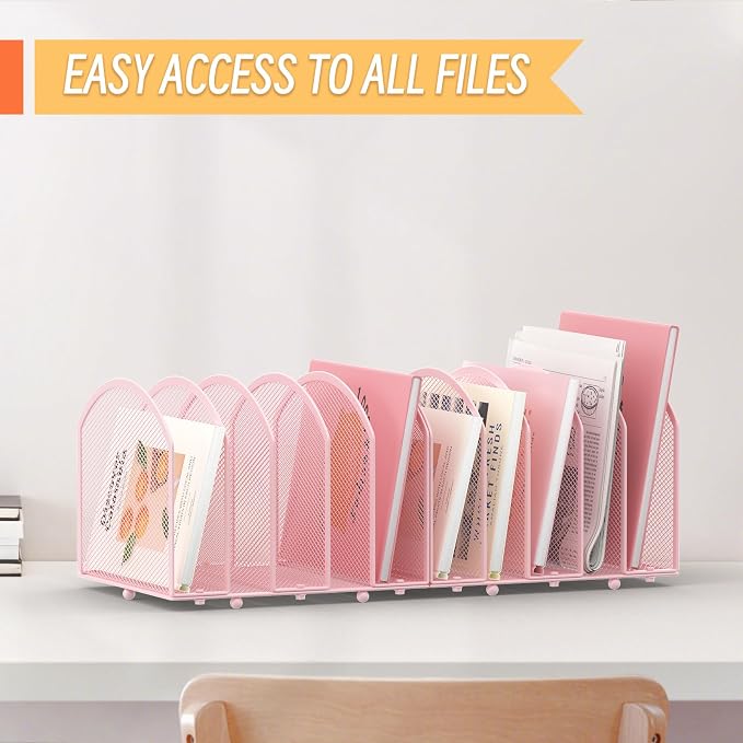 MINDEPOT Desk File Organizer 5 Sections Desktop Organizer File Sorter Office Organization File Folder Holder for Office School & Classroom (Pink, 5 Section - 1Pack)