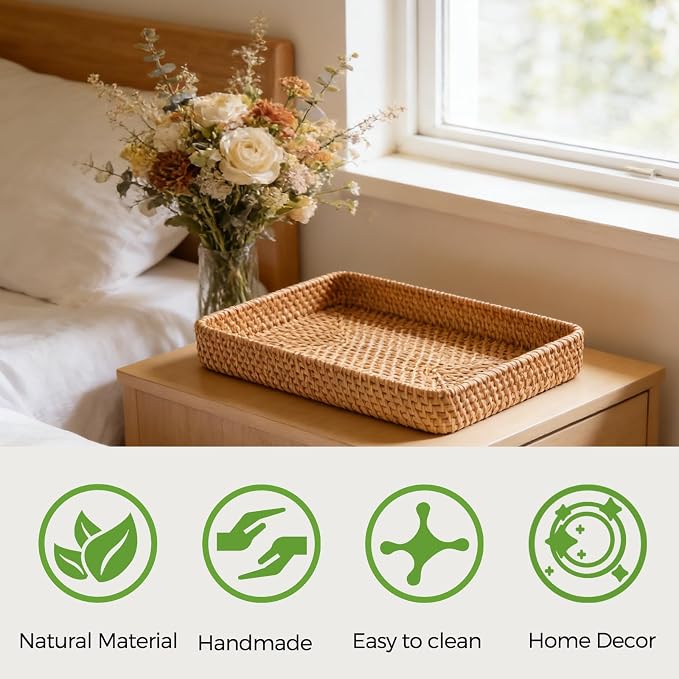 Rattan Serving Tray, Rectangle Wicker Storage Basket for Organizing | M(14.6" × 9.1"), Natural Rattan, Decorative Woven Trays Wicker Baskets for Storage, Home Decor, Bathroom, Kitchen Counter