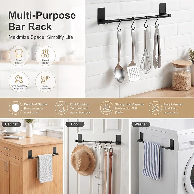 Adhesive Black Towel Bar 9-inch, Stick On Bath Towel Rack, Hand Towel Holders, No Drilling on Wall - Black