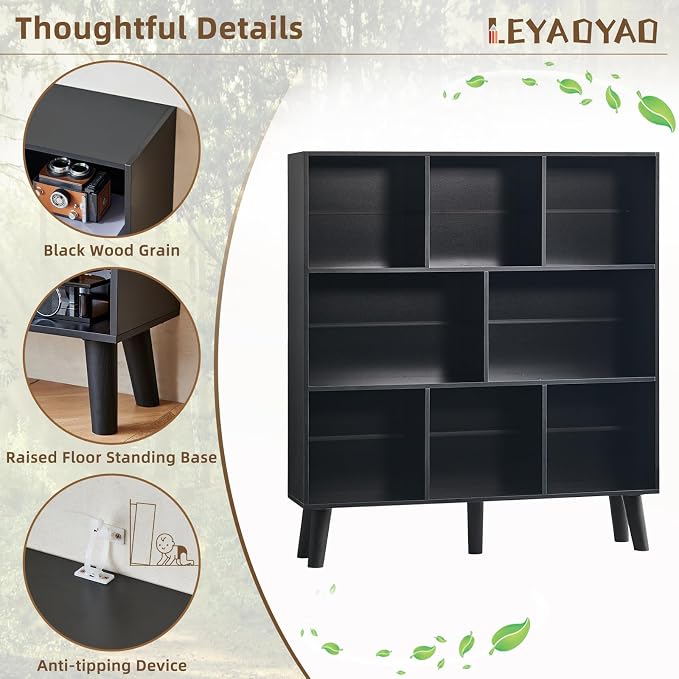 LEYAOYAO 8 Cube Bookshelf,Mid-Century Modern Book Shelf with Legs, Black | 3 Tier Bookcase, Rustic Wood Bookshelves Freestanding Large Storage Organizer, Open Shelves for Bedroom, Living Room, Office