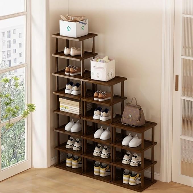 AFOORD Vertical Shoe Rack-Tall Narrow Shoe Rack Organizer for Small Spaces,12Tier Bamboo Shoen Shelf for Entryway,Closet,Corner,Doorway,Skinny Shoe Shelf Space Saving Shoe storage,Free Stackable DIY