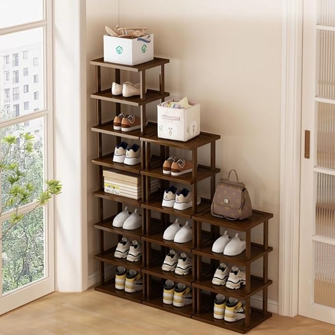 Vertical Shoe Rack - Tall Narrow Shoe Rack Organizer for Small Spaces,5 Tier Bamboo Shoen Shelf for Entryway,Closet,Corner,Doorway,Skinny Shoe Shelf Space Saving Shoe Storage,Free Stackable DIY