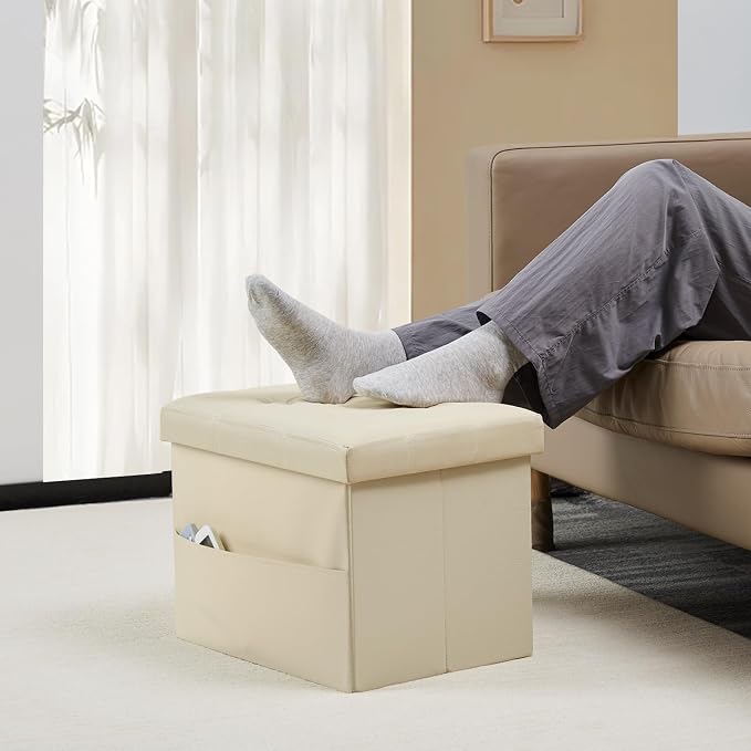 Bsketa Storage Ottoman Bench,17 Inch Folding Leather Foot Rest Stool, Beige | Small Ottoman with Side Pockets, Thicker Foam Padded Seat, Livingroom, Dorm, Bedroom, Easy to install, 43L,17x13x13in