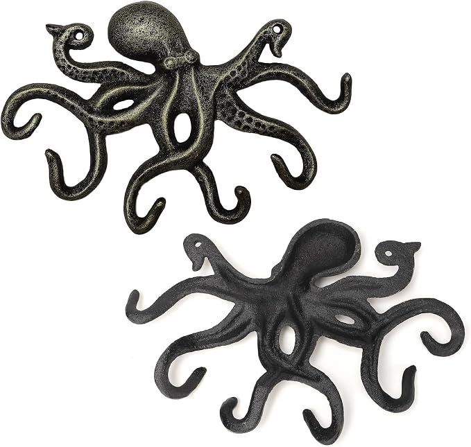 Wall Hooks for Hanging, Iron Octopus Key Holder for Wall, Decorative Hooks 2Pcs - Bronze