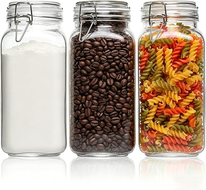 ComSaf Large Square Glass Jars with Airtight Lids 78 oz 3 Pack Wide Mouth | Flour sugar rice, Coffee storage, Pantry organization, Large capacity, Cabinet organization, Dry goods, Sourdough pickling