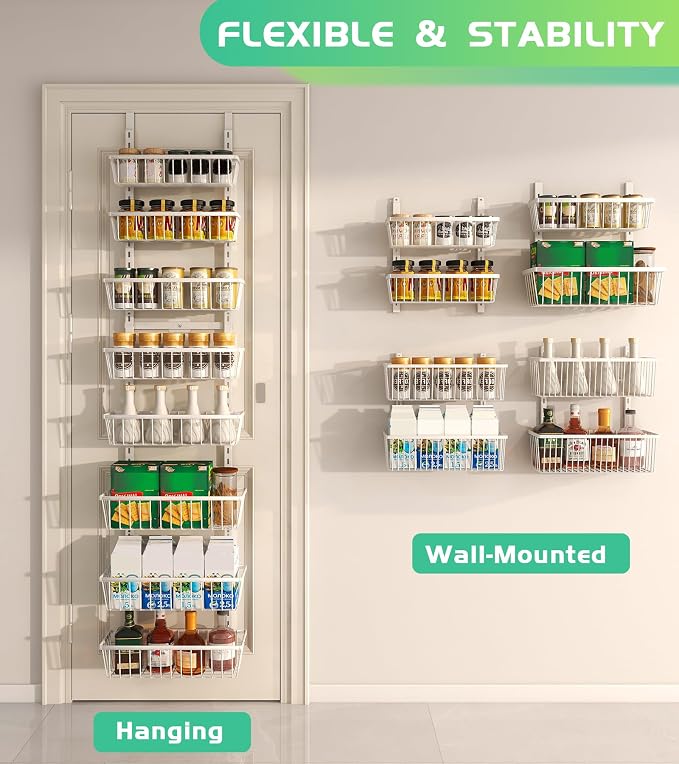 Mefirt White 12 Inch Wide Narrow Over The Door Pantry Organizer | Pantry Hanging Organizers and Storage, Adjustable Heavy-Duty Metal for Home & Kitchen, Back of Door Seasoning Rack