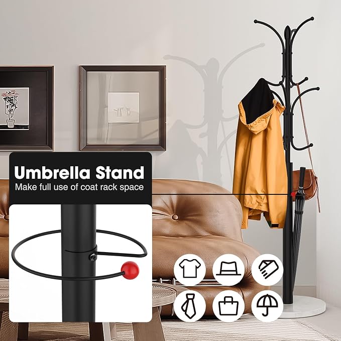Coat Rack Freestanding,12 Hooks Coat Racks with Natural Marble Base & Umbrella Holder,Easy Assembly Coat Rack Stand for Hanging Scarf,Purse,Hats,Jacket(Black)